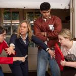 The cafeteria fight between Tybalt (Anaya Randhawa) and Benvolio (Jillian Hodson) is broken up by the Verona High School principal (Southridge principal Laura Holland) and Paris (Akshay Mohan). (Tyler Garnham Photography/Contributed to Peace Arch News)